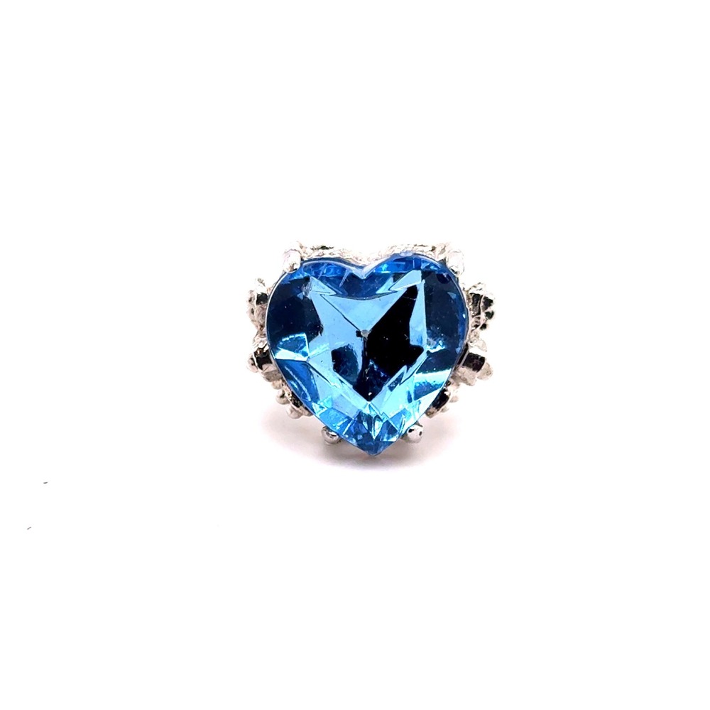 Blue Heart Crystal Statement Ring Silver Tone Textured Adjustable Band